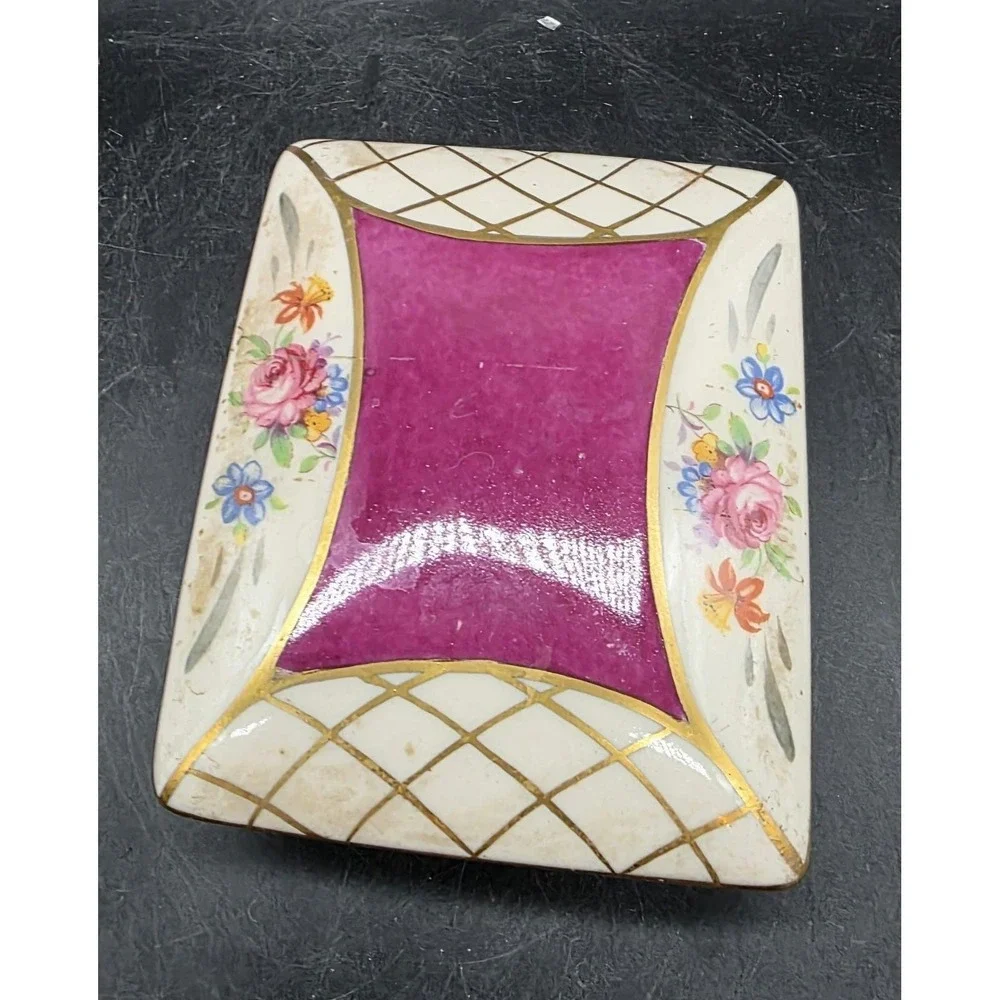 Vintage BW Hand Painted Porcelain Rectangular Trinket Dresser Box Flower Floral